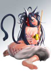 Rule 34 | 1girl, animal ear fluff, animal ears, arknights, arm pouch, ass, asymmetrical pants, barefoot, blaze (arknights), blaze (burst feline) (arknights), blue eyes, blue hair, butt crack, cat ears, cat girl, cat tail, drumsticks, feet, headphones, highres, long hair, looking at viewer, looking back, no panties, official alternate costume, soles, tail, tank top, toes, white tank top, yamauchi (conan-comy)