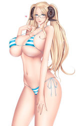 Rule 34 | 1girl, animal ears, baru (val-val), bikini, blonde hair, blue eyes, breasts, collarbone, covered erect nipples, curvy, demon girl, female focus, glasses, goat ears, goat horns, highres, horns, huge breasts, lips, long hair, long twintails, looking at viewer, navel, original, simple background, solo, standing, string bikini, striped bikini, striped clothes, swimsuit, twintails, white background