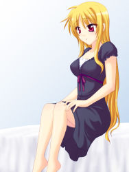 Rule 34 | 00s, 1girl, bare legs, barefoot, bed, bed sheet, black dress, blonde hair, breasts, dress, fate testarossa, female focus, gradient background, grey background, long hair, lyrical nanoha, mahou shoujo lyrical nanoha, mahou shoujo lyrical nanoha strikers, on bed, pink eyes, puffy short sleeves, puffy sleeves, saki chisuzu, short sleeves, simple background, sitting, solo, very long hair