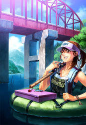 Rule 34 | 1girl, blush, bracelet, breasts, bridge, brown hair, cloud, day, fishing lure, fishing rod, grin, holding, holding fishing rod, jewelry, one eye closed, original, oropi, overalls, ponytail, sky, small breasts, smile, solo, tackle box, visor, visor cap, wading, water, wink