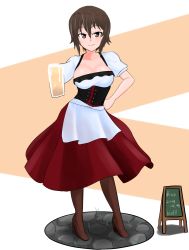 Rule 34 | 1girl, absurdres, alternate costume, apron, beer mug, bluff260, breasts, brown eyes, brown footwear, brown hair, chalkboard sign, cleavage, corset, cup, diagonal stripes, dirndl, foam, german clothes, german text, girls und panzer, grass, hair between eyes, hand on own hip, highres, large breasts, mug, nishizumi maho, short hair, smile, solo, stone walkway, striped, translated