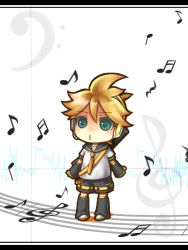 Rule 34 | 1boy, aqua eyes, bad id, bad pixiv id, blonde hair, chibi, detached sleeves, headset, kagamine len, letterboxed, male focus, musical note, ria (rilpoppo), shorts, solo, standing, vocaloid