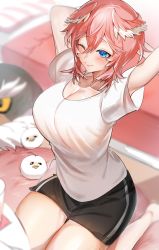 Rule 34 | 1girl, a0z0 aozo, arms up, barefoot, bed, black shorts, blue eyes, blurry, blush, breasts, cleavage, closed mouth, collarbone, depth of field, ganmo (takane lui), hair wings, highres, hololive, indoors, large breasts, one eye closed, pink hair, shirt, short hair, short sleeves, shorts, sitting, smile, stretching, t-shirt, takane lui, thighs, tsukune (takane lui), tsumire (takane lui), virtual youtuber, wariza, white shirt