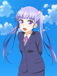 Rule 34 | 1girl, arms behind back, business suit, cloud, day, dot nose, female focus, formal, hair ornament, long hair, looking at viewer, new game!, open mouth, outdoors, purple eyes, purple hair, rainennonatsu20, sky, solo, standing, suit, suzukaze aoba