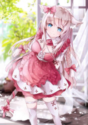 Rule 34 | 1girl, animal ear fluff, animal ears, apple, apron, arms behind back, blue eyes, blurry, blurry background, bow, braid, breasts, cat ears, cat girl, cat tail, closed mouth, curtains, depth of field, dress, feet out of frame, food, frilled apron, frills, fruit, grey hair, hair bow, highres, leaning forward, long hair, medium breasts, mutang, original, pleated dress, red apple, red bow, red dress, red ribbon, ribbon, short sleeves, smile, solo, standing, summer, tail, tail ornament, tail ribbon, thighhighs, twin braids, very long hair, waist apron, white thighhighs