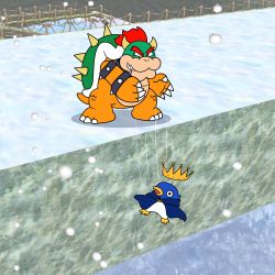 Rule 34 | absurdres, bird, bowser, cape, claws, crown, evil grin, evil smile, falling, full body, grin, highres, horns, ice, king, king penguin (mario), mario (series), nintendo, penguin, red hair, smile, smug, snow, spikes, super mario 64, tail, the super mario bros. movie