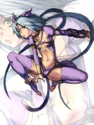 Rule 34 | 1girl, animal ears, anklet, barefoot, blue hair, cat ears, cat tail, feet, flat chest, fumio (rsqkr), green eyes, jewelry, long hair, meracle chamlotte, o-ring, solo, star ocean, star ocean the last hope, stirrup legwear, tail, thighhighs, toeless legwear, toes, zoom layer