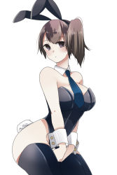 Rule 34 | 10s, 1girl, alternate costume, animal ears, bare shoulders, black thighhighs, blush, bow, bowtie, breasts, brown eyes, brown hair, cleavage, curvy, detached collar, fake animal ears, highres, huge breasts, itomagoi, kaga (kancolle), kantai collection, leotard, playboy bunny, pout, rabbit ears, rabbit tail, short hair, side ponytail, simple background, sitting, solo, tail, tanaka io (craftstudio), thighhighs, wide hips, wrist cuffs