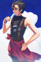 Rule 34 | 1boy, alec (arc the lad), arc the lad, arc the lad iii, belt, black hair, closed mouth, cloud, food, food in mouth, goggles, highres, holding, holding food, holding popsicle, iro saki, jewelry, male focus, necklace, popsicle, short hair, solo, spiked hair