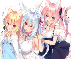 Rule 34 | 3girls, :d, ;p, animal ear fluff, animal ears, black ribbon, black skirt, blonde hair, blue dress, blue eyes, blue hair, blush, braid, breasts, cat ears, cat girl, cat tail, closed mouth, collared dress, commentary request, dress, fang, fingernails, fox ears, frilled skirt, frills, hair between eyes, hair ribbon, hand up, hands on another&#039;s shoulders, heart, high-waist skirt, large breasts, long hair, long sleeves, medium breasts, multiple girls, neck ribbon, off-shoulder shirt, off shoulder, one eye closed, open mouth, original, pink hair, puffy short sleeves, puffy sleeves, rabbit ears, red eyes, red ribbon, ribbon, sazaki ichiri, shirt, short sleeves, skirt, sleeveless, sleeveless dress, sleeves past wrists, small breasts, smile, suspender skirt, suspenders, tail, tail raised, tongue, tongue out, twintails, very long hair, white background, white dress, white shirt
