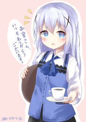 Rule 34 | 1girl, black skirt, blue bow, blue eyes, blue hair, blue vest, blush, bow, brown background, check translation, coffee, collared shirt, commentary request, cup, dated, dreamusun, fingernails, gochuumon wa usagi desu ka?, hair between eyes, hair ornament, highres, holding, holding saucer, holding tray, kafuu chino, long hair, long sleeves, notice lines, outline, parted lips, rabbit house uniform, saucer, shirt, signature, skirt, solo, teacup, translation request, tray, very long hair, vest, white outline, white shirt, x hair ornament