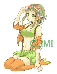 Rule 34 | 1girl, bad id, bad pixiv id, boots, breasts, female focus, full body, goggles, goggles on head, green eyes, green hair, gumi, gumi (v3 megpoid), headphones, jacket, matching hair/eyes, medium breasts, midriff, navel, short hair, short hair with long locks, shorts, simple background, sitting, solo, suspenders, thigh boots, thighhighs, underboob, vocaloid, white background