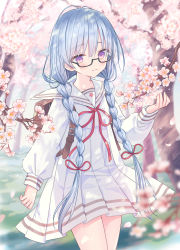 Rule 34 | 1girl, backpack, bag, black-framed eyewear, blue hair, blurry, blurry background, blurry foreground, blush, braid, branch, cherry blossoms, closed mouth, commentary request, day, depth of field, dress, flower, glasses, hair between eyes, long sleeves, low twintails, neck ribbon, original, outdoors, pink flower, pleated dress, puffy long sleeves, puffy sleeves, purple eyes, red ribbon, ribbon, sailor collar, semi-rimless eyewear, sleeves past wrists, smile, solo, tree, twin braids, twintails, under-rim eyewear, white dress, white sailor collar, yuuki rika
