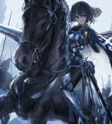 Rule 34 | 1girl, armor, black hair, black pantyhose, blue eyes, blue ribbon, breasts, cape, closed mouth, elbow gloves, expressionless, faulds, fingerless gloves, gloves, greaves, highres, horseback riding, knight, lance, looking at viewer, medium breasts, original, pantyhose, polearm, ribbon, riding, short hair, solo, swav, sword, tosk (swav-coco), weapon