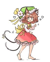 Rule 34 | 1girl, animal ears, brown hair, cat ears, cat girl, cat tail, chen, flower, green hat, hat, heart, long sleeves, looking at viewer, one-hour drawing challenge, primsla, red skirt, short hair, simple background, skirt, smile, standing, tail, touhou, white background, yellow eyes