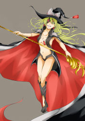 Rule 34 | 1girl, absurdres, blonde hair, boots, breasts, cleavage, eyepatch, green eyes, gungnir (toaru), hat, highres, holding, holding polearm, holding spear, holding weapon, medium breasts, navel, othinus, polearm, solo, spear, tackt, teeth, toaru majutsu no index, toaru majutsu no index: new testament, weapon, wide-eyed, witch hat