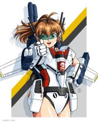 Rule 34 | 1980s (style), 1girl, ;), ahoge, blue eyes, border, brown hair, choujikuu yousai macross, commentary, commission, english commentary, finger gun, gloves, green-tinted eyewear, hand on own hip, jolly roger, jose salot, leotard, long hair, looking at viewer, macross, making-of available, mecha musume, oldschool, one eye closed, personification, pointing, pointing at viewer, retro artstyle, smile, solo, tinted eyewear, twitter username, upper body, variable fighter, vf-1, visor, white border, white gloves, white leotard