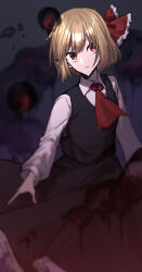 Rule 34 | 1girl, ascot, black skirt, black vest, blonde hair, blurry, bow, closed mouth, collared shirt, dark background, darkness, depth of field, frilled bow, frilled skirt, frills, hair bow, highres, long skirt, long sleeves, looking at viewer, medium hair, otoshiro kosame, red ascot, red bow, red eyes, rumia, shirt, simple background, skirt, skirt set, solo, touhou, vest, white shirt