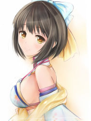 Rule 34 | 1girl, bare shoulders, black hair, blush, bow, breasts, commentary request, hair bow, hair ornament, idolmaster, idolmaster cinderella girls, looking at viewer, looking to the side, medium breasts, nannacy7, short hair, sideboob, smile, solo, takafuji kako, upper body, yellow eyes