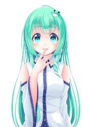 Rule 34 | 1girl, :d, blush, collared shirt, detached sleeves, dress shirt, frog hair ornament, green eyes, green hair, hair ornament, highres, kochiya sanae, long hair, long sleeves, looking at viewer, open mouth, reimei (r758120518), shirt, simple background, sleeveless, sleeveless shirt, smile, snake, solo, straight hair, touhou, upper body, very long hair, white background, white shirt, white sleeves, white snake, wide sleeves, wing collar