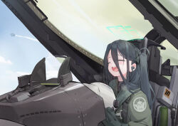 Rule 34 | 1girl, aircraft, airplane, aris (blue archive), black eyes, black hair, blue archive, chinese commentary, closed eyes, cloud, coat, cockpit, commentary, contrail, earphones, emblem, english commentary, fighter plane, gloves, green coat, green gloves, hair between eyes, halo, helmet, highres, holding, holding helmet, long hair, long sleeves, mixed-language commentary, open mouth, pilot helmet, pilot suit, rectangular halo, side ponytail, sitting, sky, solo, sweat, sweatdrop, teeth, upper body, upper teeth only, wittmann (ehvr8373)