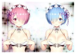 Rule 34 | 2girls, absurdres, bare shoulders, blue eyes, blue hair, blush, breasts, closed mouth, collarbone, covering privates, covering breasts, female focus, fingernails, frown, gaou (umaiyo puyoman), hair ornament, hairband, hands up, highres, lips, looking at viewer, matching hair/eyes, medium breasts, multiple girls, pink eyes, pink hair, ram (re:zero), re:zero kara hajimeru isekai seikatsu, rem (re:zero), short hair, siblings, simple background, sisters, small breasts, twins, upper body, x hair ornament