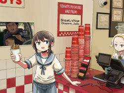 Rule 34 | 2girls, apron, blonde hair, blue archive, blue eyes, blue sailor collar, blue skirt, cash register, certificate, commentary, crossover, cup, dark-skinned male, dark skin, english commentary, english text, five guys burgers and fries, food, french fries, fubuki (kancolle), gift card, green eyes, halo, holding, holding food, kantai collection, long hair, looking at viewer, low ponytail, meme, multiple girls, open mouth, pleated skirt, ponytail, sailor collar, school uniform, serafuku, short ponytail, sign, sixten, skirt, sora (blue archive), stylus, tile wall, tiles