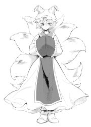 Rule 34 | 1girl, animal ears, animal hat, bad id, bad twitter id, dress, fox tail, full body, greyscale, hands in opposite sleeves, hat, highres, long sleeves, mob cap, monochrome, multiple tails, mob cap, shinoasa, shoes, short hair, solo, tabard, tail, tassel, touhou, white background, wide sleeves, yakumo ran