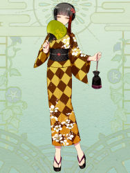 Rule 34 | 1girl, black hair, blunt bangs, brown hair, brown kimono, checkered clothes, checkered kimono, commission, dairoku ryouhei, floral print, flower, full body, green background, hair flower, hair ornament, hand fan, holding, holding fan, japanese clothes, kimono, l (matador), multicolored hair, obi, sandals, sash, short hair with long locks, sidelocks, simple background, solo, standing, two-tone hair, wide sleeves