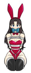Rule 34 | 1girl, absurdres, angry, animal ears, arms behind back, bdsm, black hair, black pantyhose, blue eyes, blush, bondage, bound, bound arms, bound legs, bow, bowtie, box tie, breast bondage, breasts, cleavage, collarbone, detached collar, fake animal ears, fate/stay night, fate (series), gag, gagged, hair ribbon, highres, improvised gag, kneeling, leotard, long hair, looking at viewer, pantyhose, playboy bunny, rabbit ears, red leotard, ribbon, rope, tohsaka rin, wossarem