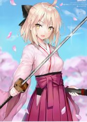 Rule 34 | 1girl, absurdres, ahoge, black bow, blonde hair, blue sky, blurry, blurry background, blush, bow, breasts, cherry blossoms, day, fate/grand order, fate (series), fingernails, hair between eyes, hair bow, half updo, highres, holding, holding sword, holding weapon, japanese clothes, katana, kimono, koha-ace, long sleeves, looking at viewer, medium breasts, momoko (momopoco), okita souji (fate), okita souji (koha-ace), open mouth, outdoors, petals, pink kimono, sash, scan, sheath, shiny skin, short kimono, sky, smile, solo, sword, weapon, wide sleeves, yellow eyes