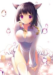 Rule 34 | 1girl, animal ears, black hair, blush, breasts, cleavage, closed mouth, final fantasy, final fantasy xiv, hand up, large breasts, long hair, looking at viewer, minatsuki alumi, miqo&#039;te, pelvic curtain, ponytail, purple eyes, sidelocks, sitting, sleeves past wrists, solo, thighhighs, thighs, toeless legwear, toes, wariza, water drop, white thighhighs