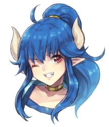 Rule 34 | 1girl, blue hair, choker, horns, long hair, looking at viewer, murata tefu, one eye closed, original, pointy ears, ponytail, red eyes, simple background, smile, solo, white background