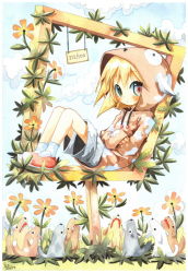 Rule 34 | 1girl, blonde hair, dog, dog tail, emperpep, female focus, flower, full body, green eyes, heterochromia, hood, nature, open mouth, outdoors, painting (medium), red eyes, sky, solo, tail, traditional media, watercolor (medium)