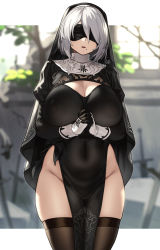 Rule 34 | 1girl, absurdres, adapted costume, alternate breast size, alternate costume, black thighhighs, blindfold, breasts, cleavage cutout, clothing cutout, commentary, covered erect nipples, covered eyes, covered navel, cowboy shot, dress, facing viewer, habit, highres, houtengeki, huge breasts, large areolae, mole, mole under mouth, nier:automata, nier (series), no bra, no panties, nun, own hands together, parted lips, pelvic curtain, see-through, see-through dress, short hair, silver hair, solo, symbol-only commentary, thighhighs, 2b (nier:automata)