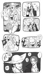 Rule 34 | 1girl, 2boys, artist request, breasts, dracule mihawk, drill hair, drill sidelocks, highres, large breasts, monochrome, multiple boys, one piece, overalls, perona, shanks (one piece), sidelocks, talking, translation request