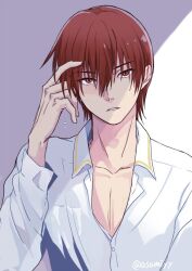 Rule 34 | 1boy, asami yuriko, brown hair, collarbone, commentary request, commission, dress shirt, expressionless, eyes visible through hair, hair between eyes, hand in own hair, hand up, head tilt, little busters!, long sleeves, looking at viewer, natsume kyousuke, nose, parted lips, partially unbuttoned, red eyes, shirt, short hair, simple background, solo, straight-on, upper body, upturned eyes, white background, white shirt