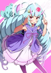 Rule 34 | 1girl, blue hair, blush, delmin (show by rock!!), dress, drill hair, flower, hair flower, hair ornament, highres, horns, light blue hair, long hair, looking at viewer, open mouth, pink horns, red eyes, show by rock!!, solo, tottotonero, twin drills, very long hair