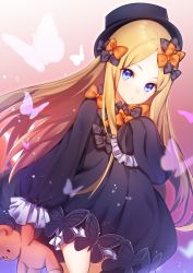 Rule 34 | 1girl, abigail williams (fate), bad id, bad pixiv id, black bow, black dress, black hat, blonde hair, bloomers, blue eyes, bow, bug, butterfly, dress, expressionless, fate/grand order, fate (series), hair bow, hand on own chest, hat, highres, holding, holding stuffed toy, insect, long hair, looking at viewer, orange bow, popupi, sleeves past fingers, sleeves past wrists, solo, stuffed animal, stuffed toy, teddy bear, underwear, very long hair