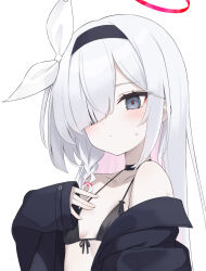 Rule 34 | 1girl, azuuru, bare shoulders, blue archive, commentary request, grey eyes, grey hair, hair over one eye, halo, highres, looking at viewer, multicolored hair, pink hair, plana (blue archive), simple background, solo, two-tone hair, white background