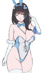 Rule 34 | 1girl, :o, animal ears, between breasts, black hair, blue bow, blue bowtie, blue hair, blue leotard, bowtie, breasts, closed eyes, detached collar, elbow gloves, fake animal ears, gloves, goddess of victory: nikke, id card, large breasts, leotard, long hair, mary (medical rabbit) (nikke), mary (nikke), multicolored hair, official alternate costume, parted lips, playboy bunny, rabbit ears, rufei bot, see-through, see-through leotard, solo, strapless, strapless leotard, streaked hair, thighhighs, thighs, white gloves, white thighhighs