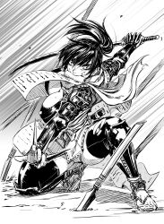 Rule 34 | 1girl, armor, black leggings, breasts, cleavage, commentary request, feet, fighting stance, highres, holding, holding sword, holding weapon, japanese armor, japanese clothes, katana, konchiki, kunai, large breasts, leggings, looking at viewer, manyuu chifusa, manyuu hikenchou, monochrome, mouth hold, panties, polearm, ponytail, samurai, sandals, scarf, scroll, sketch, solo, spear, sword, thighs, underwear, weapon, writing
