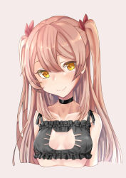 Rule 34 | 1girl, bare shoulders, black bra, black choker, bra, breasts, brown background, brown eyes, cat cutout, cat lingerie, choker, cleavage cutout, closed mouth, clothing cutout, collarbone, commentary request, dipladenia (flower knight girl), flower knight girl, frilled bra, frills, hair between eyes, hair ribbon, head tilt, highres, light brown hair, long hair, looking at viewer, medium breasts, meme attire, red ribbon, ribbon, simple background, smile, solo, souzando, two side up, underwear, underwear only, very long hair