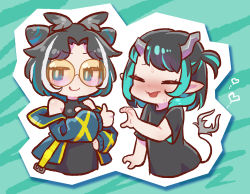Rule 34 | 2girls, absurdres, animare, black dress, black hair, blue eyes, blue hair, blue jacket, blush, brown-framed eyewear, chaki (teasets), china dress, chinese clothes, closed eyes, closed mouth, commentary request, cone hair bun, cropped torso, demon girl, demon horns, demon tail, dress, fang, flat chest, glasses, hair bun, heart hands failure, highres, horns, jacket, looking at viewer, medium hair, multicolored hair, multiple girls, nanashi inc., off shoulder, open mouth, oura rukako, oura rukako (2nd costume), pointy ears, round eyewear, shishio chris, short sleeves, skin fang, sleeveless, sleeveless dress, smile, streaked hair, sugar lyric, sweat, tail, thumbs up, tinted eyewear, two-tone hair, upper body, virtual youtuber, white hair