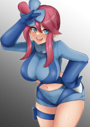 Rule 34 | 1girl, blue eyes, breasts, cowboy shot, creatures (company), crop top, game freak, gloves, gym leader, highres, large breasts, long hair, long sleeves, looking at viewer, midriff, navel, nintendo, open mouth, pokemon, pokemon bw, red hair, sawatarou (roto), shorts, skyla (pokemon), smile