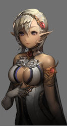 Rule 34 | 1girl, breasts, center opening, cleavage, ascot, elbow gloves, elf, gloves, hairband, heroes lore v, large breasts, pointy ears, purple eyes, repi, short hair, solo, white hair