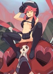 Rule 34 | 1girl, ;p, artist name, black footwear, black gloves, black thighhighs, boots, breasts, cleft of venus, commentary, english commentary, gloves, highres, jakuzure nonon, kill la kill, looking at viewer, medium breasts, navel, no bra, no panties, one eye closed, pussy, red eyes, red hair, sitting, solo, squeezable (squeezabledraws), thigh boots, thighhighs, tongue, tongue out