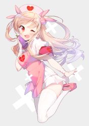 Rule 34 | 1girl, anpolly, apron, bandages, blush, commentary request, hair ornament, hat, heart, highres, light brown hair, long hair, looking at viewer, natori sana, nurse cap, open mouth, pink apron, pink hat, puffy short sleeves, puffy sleeves, rabbit hair ornament, red eyes, sana channel, short sleeves, simple background, smile, solo, thighhighs, two side up, virtual youtuber, white background, white thighhighs