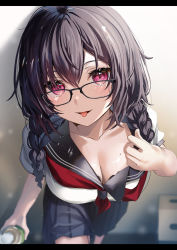 Rule 34 | 1girl, absurdres, black hair, blush, braid, breasts, cleavage, glasses, highres, large breasts, letterboxed, long hair, looking at viewer, low twin braids, mole, mole on breast, neckerchief, original, purple eyes, sailor collar, school uniform, serafuku, short sleeves, skirt, smile, solo, tongue, tongue out, twin braids, yufou