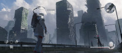 Rule 34 | 1girl, 6+others, absurdres, asteroid ill, building, cloud, cloudy sky, coat, fake screenshot, full body, gloves, guard rail, halo, heads-up display, health bar, highres, lamppost, long sleeves, mechanical halo, minimap, monster, multiple others, observer (asteroid ill), original, outdoors, road, sky, standing, street, translation request, walking, white coat, white gloves, white hair